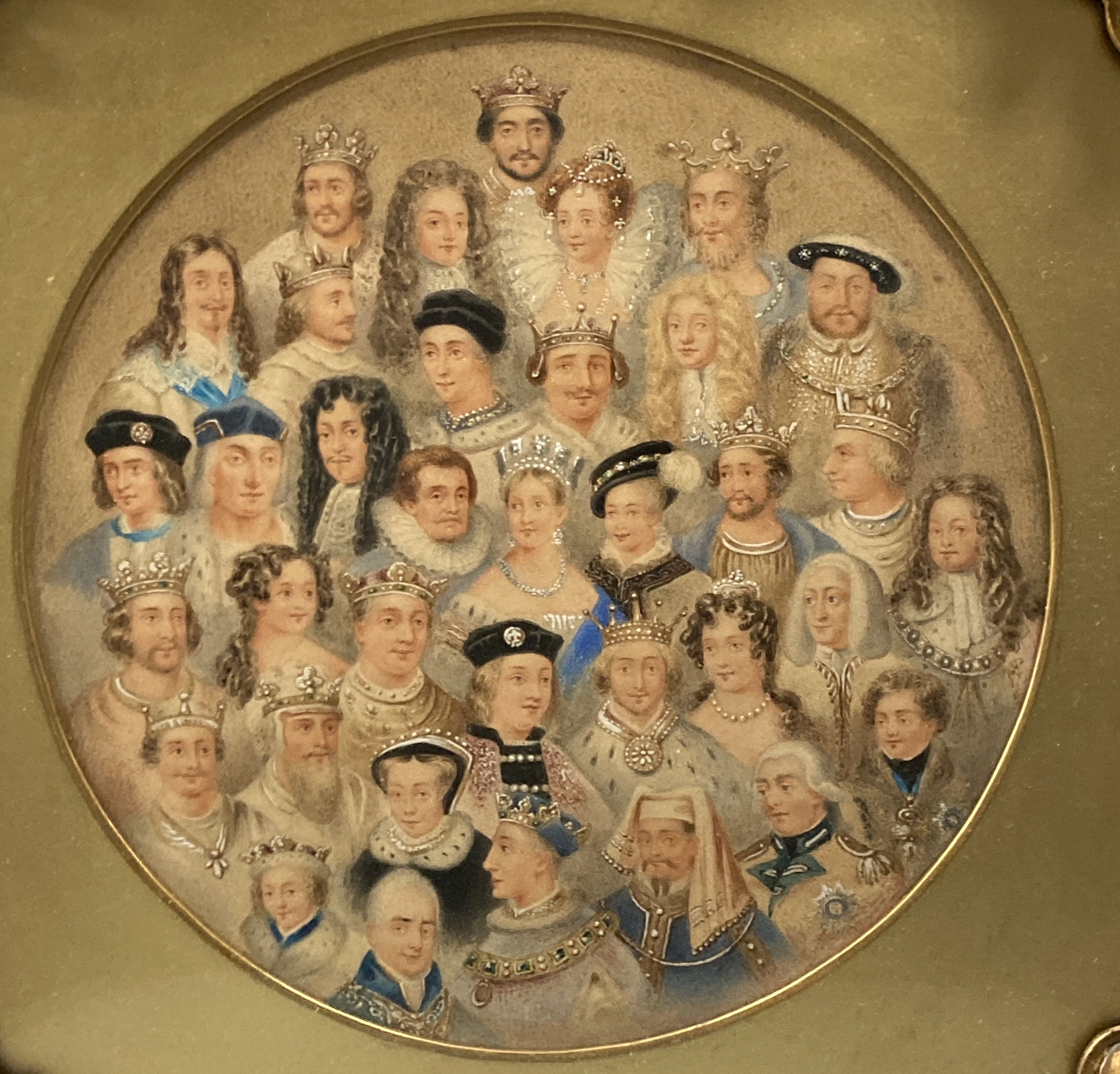 English School (19th/20th century), Kings and Queens of England (possibly copied from cigarette cards), watercolour, tondo, 17cm